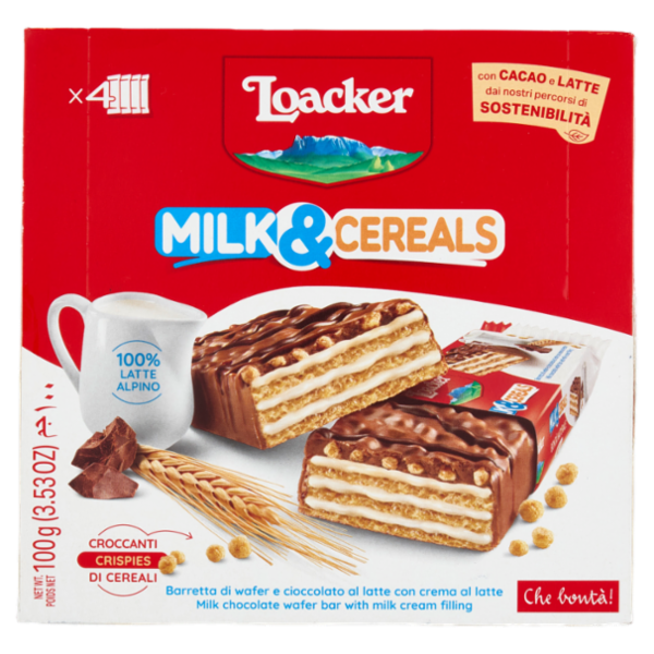 Loacker Milk & Cereals Barrette di Wafer e Cioccolato al Latte con crema al Latte 25gx4