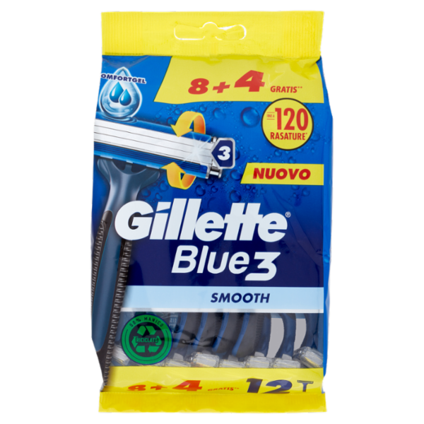 Gillette Rasoio Uomo Blue3 Smooth Usa e Getta a 3 Lame, Confezione da 8 rasoi + 4 Gratis = 12 Rasoi