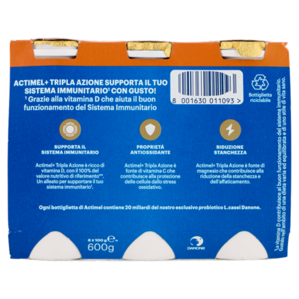 ACTIMEL Tripla Azione, Yogurt da Bere con Vitamine C, D e Magnesio, gusto Frutta mix, 6x100G