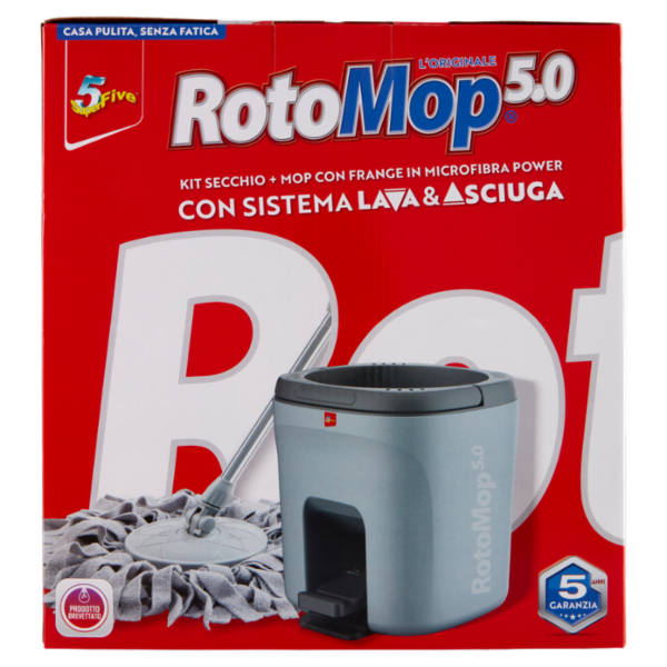 Super5 RotoMop 5.0 Kit Secchio + Mop con Frange in Microfibra Power con Sistema Lava & Asciuga