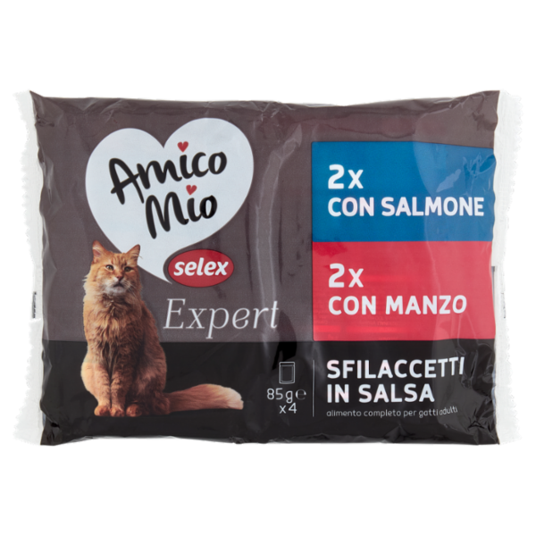 Selex Amico Mio Expert Gatto Sfilaccetti in Salsa 2 con Salmone e 2 con Manzo 4x85 g