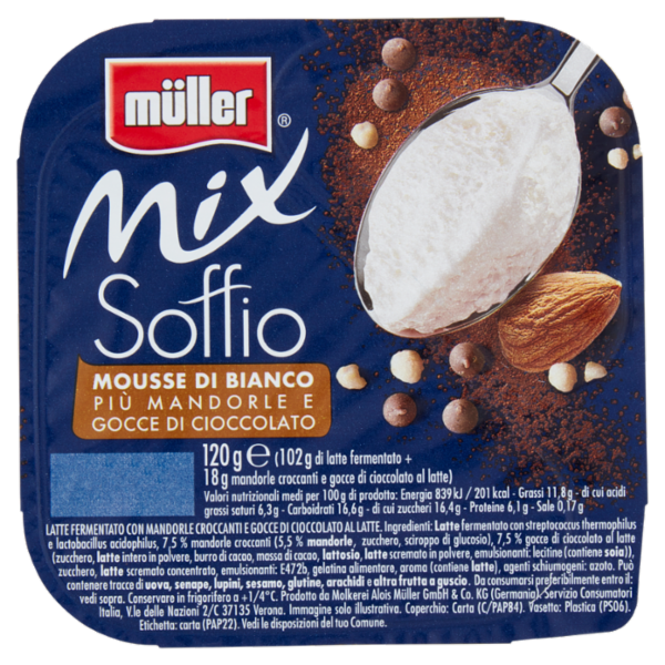 müller Mix Soffio Mousse di Bianco più Mandorle e Gocce di Cioccolato 120 g