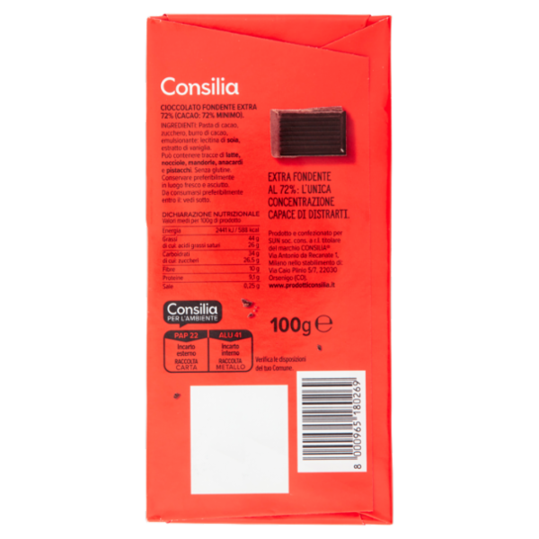 Consilia Cioccolato Fondente Extra 72% 100 g