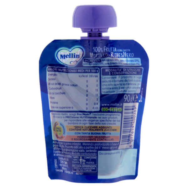 MELLIN Merenda di Frutta 100% Mirtillo e Ribes Nero Pouch 90 g