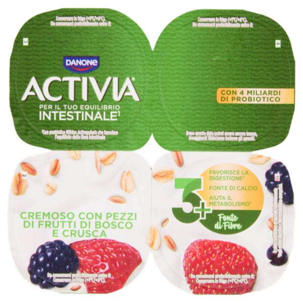 ACTIVIA Fibre Yogurt con Probiotico Bifidus, gusto Frutti di Bosco e Crusca, 4x125g
