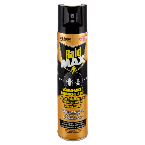 Raid Aerosol Max Scarafaggi e Formiche 3 in 1, Spray Insetticida, Efficace per 4 Settimane, 300 ml