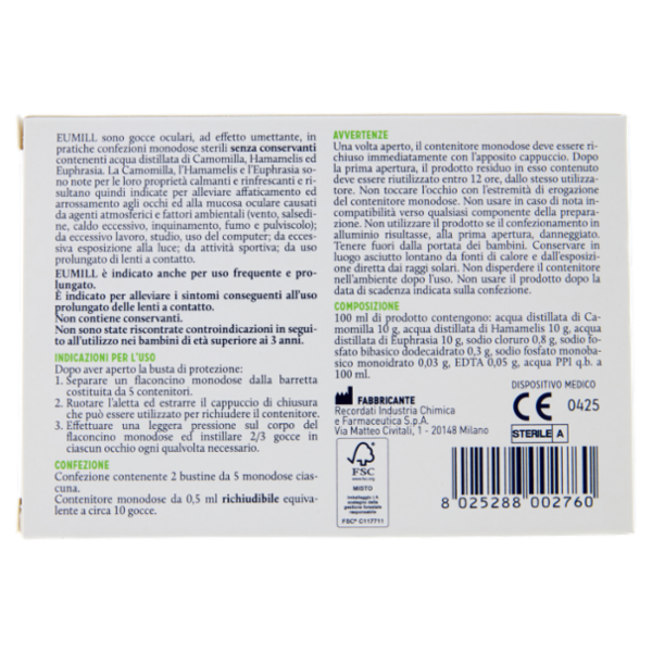 Eumill Camomilla Hamamelis Euphrasia Gocce Oculari Rinfrescanti Lenitive Monodose 10 x 0,5 ml