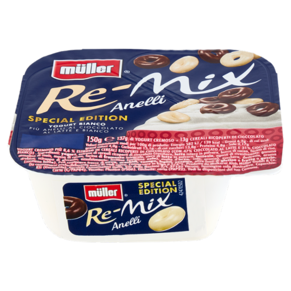 müller Re-Mix Anelli Yogurt Bianco Più Anelli al Cioccolato Latte e Bianco 150 g