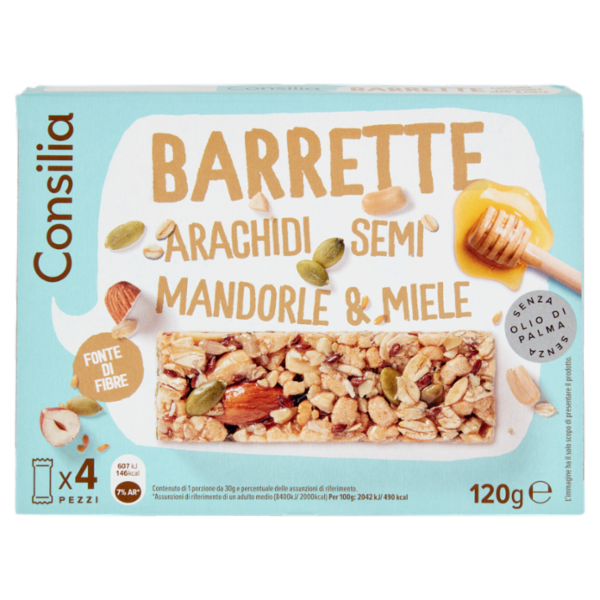 Consilia Barrette di Cereali con Arachidi, Semi, Mandorle e Miele 4x30 g