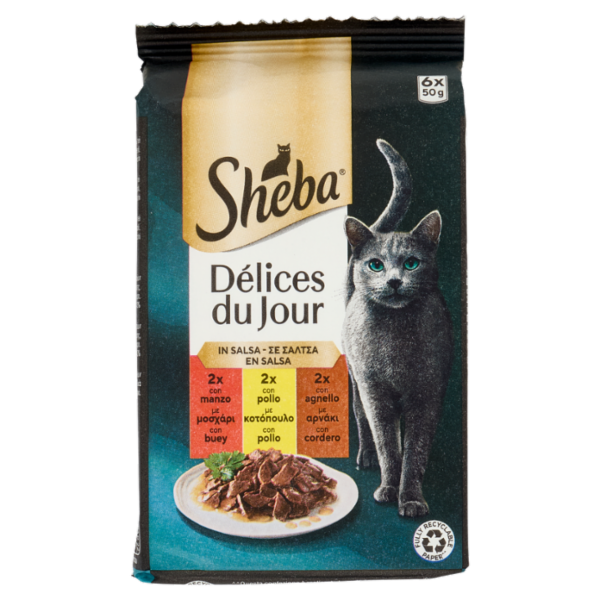 Sheba Délices du Jour Cibo Umido Gatto in Salsa con Manzo, Pollo e Agnello 6 x 50 g