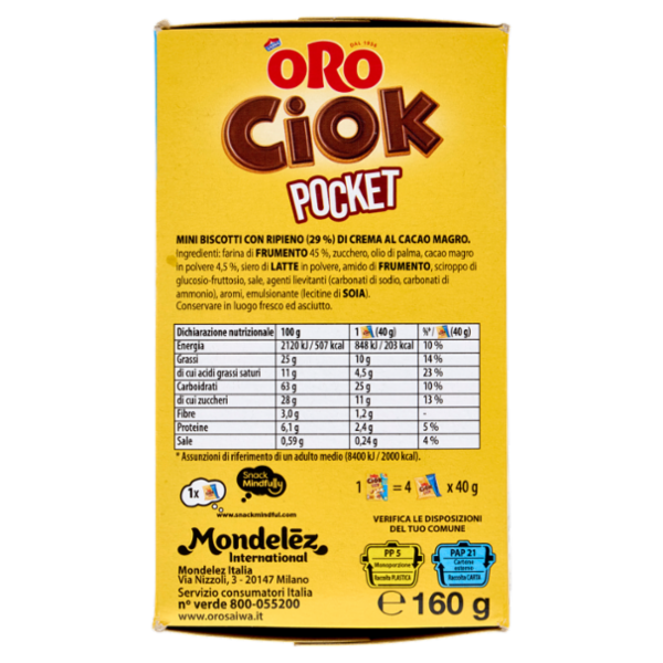 Oro Ciok Pocket Mini biscotti ripieni di crema al cacao magro - 4 x 40 g