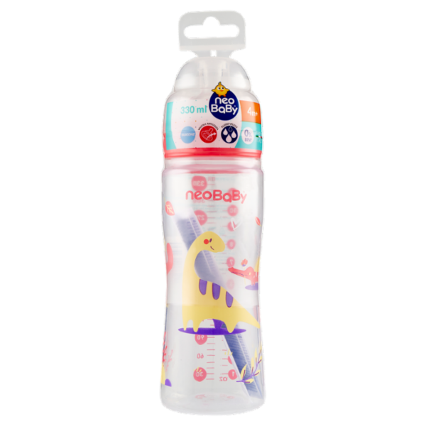 neo Baby Biberon Plastica Collo Largo 330 ml 4m+ Dino Rosa