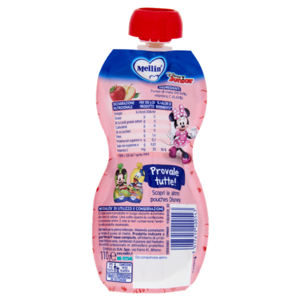 MELLIN Disney Minnie Merenda di Frutta 100% con VitC, Mela, dal 9° mese, 110g