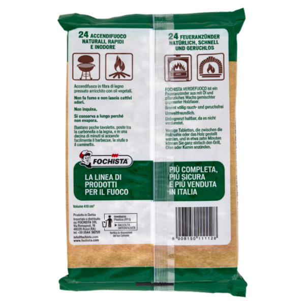 Fochista Verdefuoco Bio-Accendifuoco per Barbecue, Camini e Stufe Cubetti 24 pz