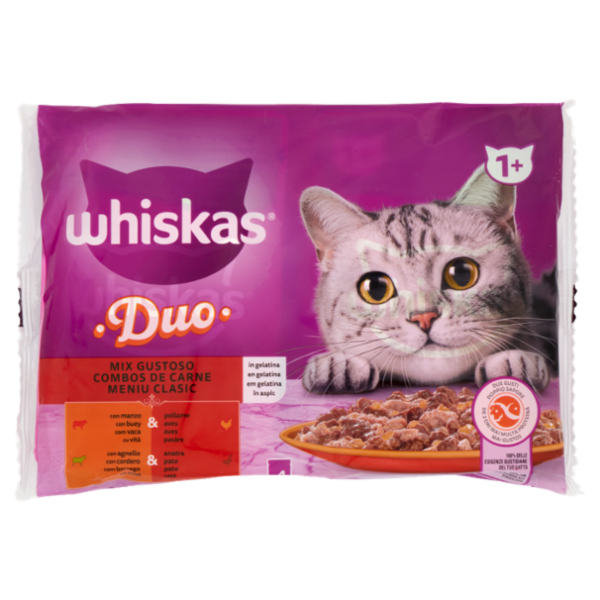 Whiskas Duo Cibo Umido Gatto Mix Gustoso in Gelatina Manzo & Pollame, Agnello & Anatra 4 x 85 g