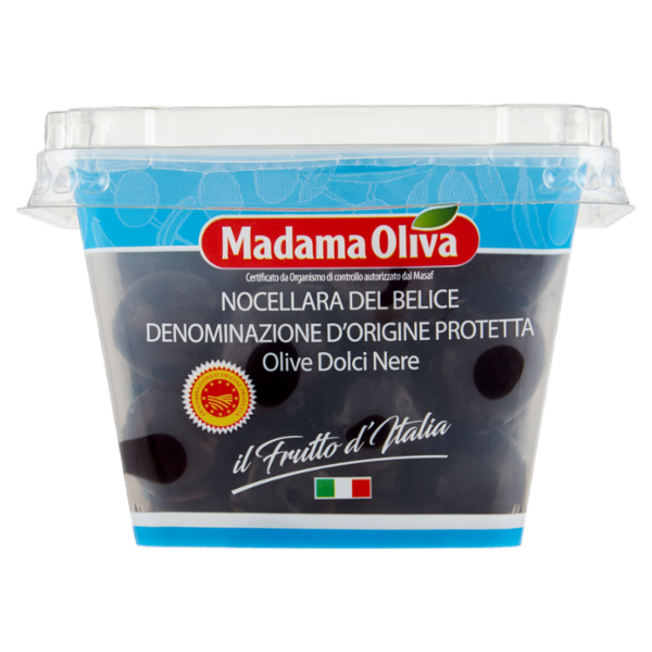 Madama Oliva Frutto d'Italia Nocellara del Belice DOP Olive Dolci Nere 250 g