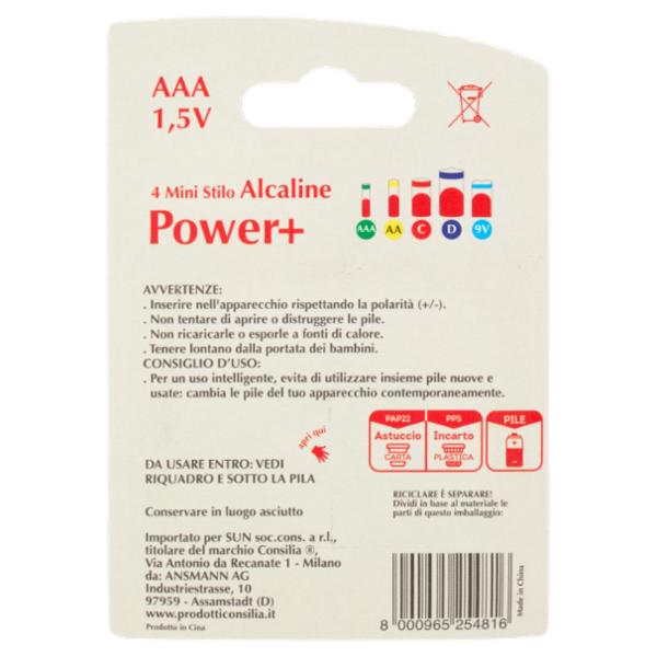 Consilia Pile Alcaline Mini Stilo AAA 1,5 V 4 pezzi