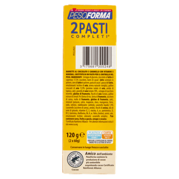 Pesoforma Barrette 2 Pasti, sostitutive del pasto, gusto Caramello Crispy, 235 kcal a pasto, 2 x 60g
