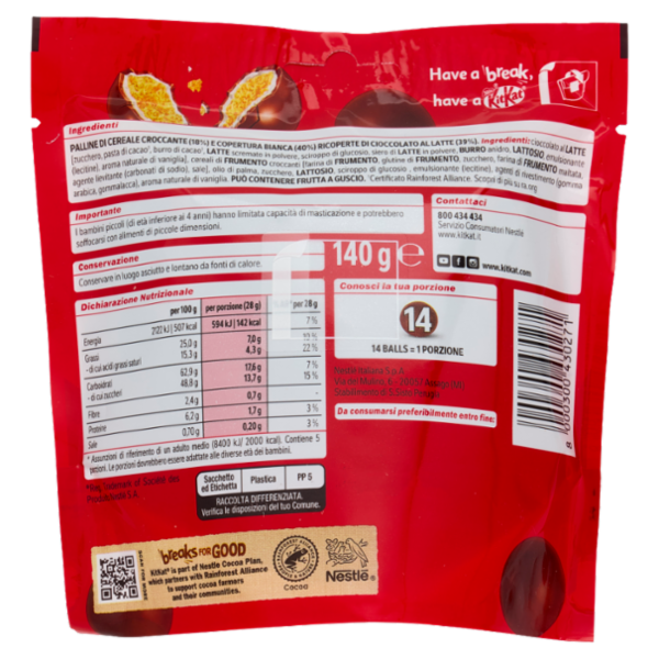 KITKAT Ball Palline di Cereale ricoperte di Cioccolato al Latte Sacchetto 140g