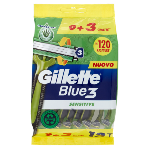Gillette Rasoio Uomo Blue3 Sensitive Usa e Getta a 3 Lame, Confezione da 9 rasoi+3 Gratis = 12 Rasoi