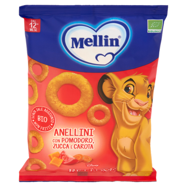 MELLIN Merenda Biologica Re Leone Simba, Anellini con Pomod, Zucca e Carota, adatto dai 12 mesi,15g