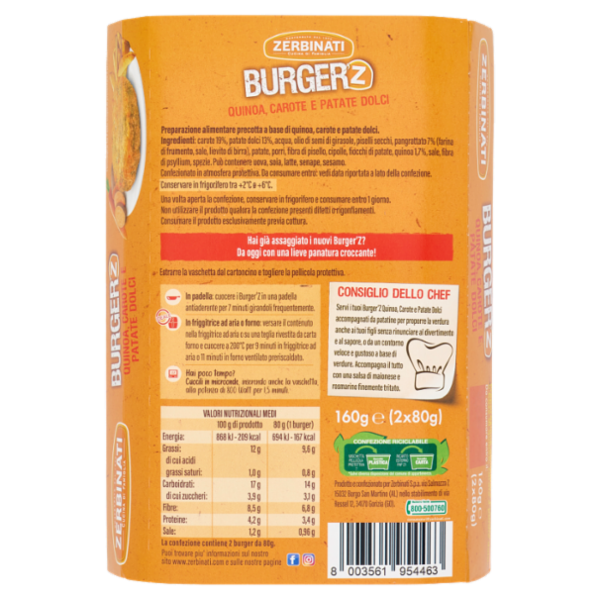Zerbinati Burger'Z Quinoa, Carote e Patate Dolci 2 x 80 g