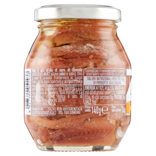 Zarotti Filetti di Alici Classici in olio di semi di Girasole 140 g