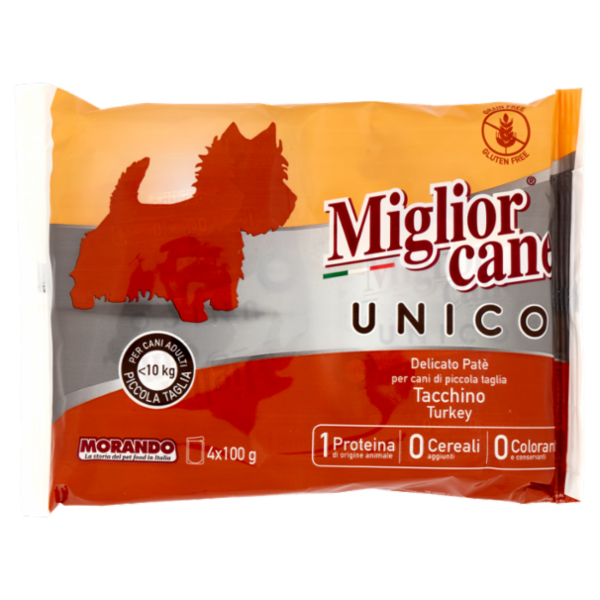 Migliorcane Unico Delicato Patè Tacchino per Cani Adulti <10 kg Piccola Taglia 4 x 100 g