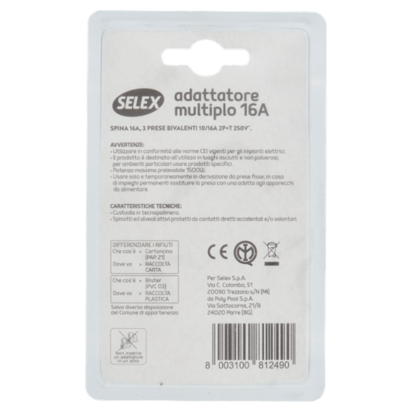 Selex Adattatore Multiplo Spina 16A + 3 Prese Bivalenti Bianco
