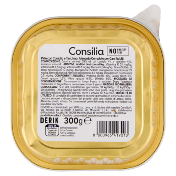 Consilia Derik Paté per Cane con Coniglio e Tacchino 300 g