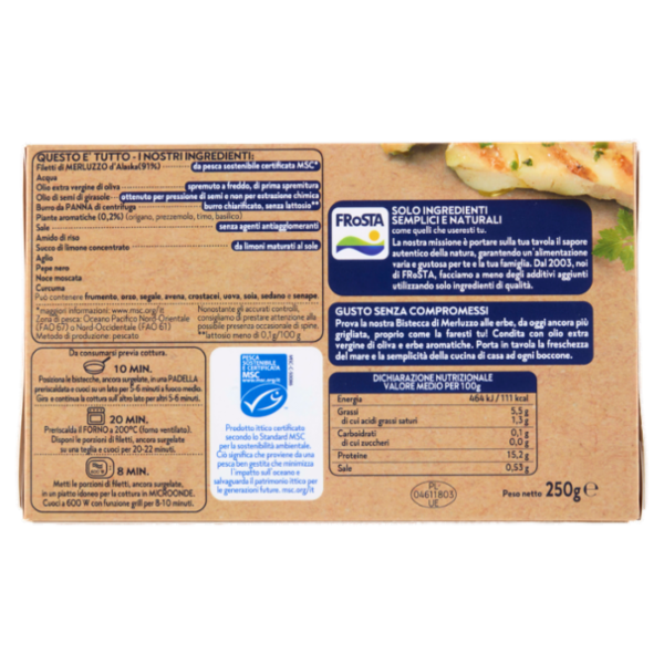 FRoSTA i Grigliati 2 Bistecche di Merluzzo Olio Extra Vergine di Oliva e Erbe Aromatiche 250 g