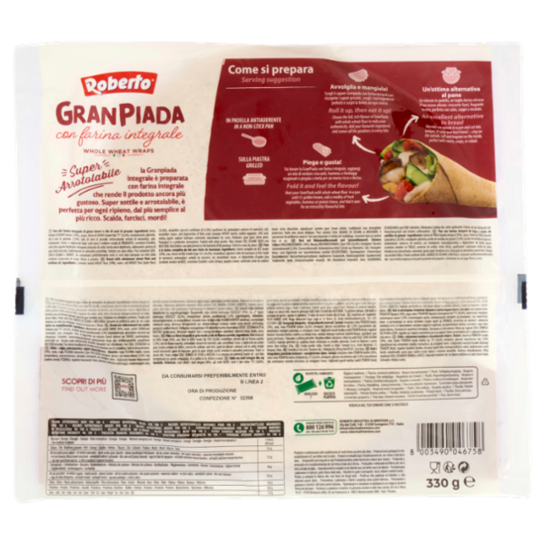 Roberto Gran Piada con farina integrale 3 Piadine 330 g