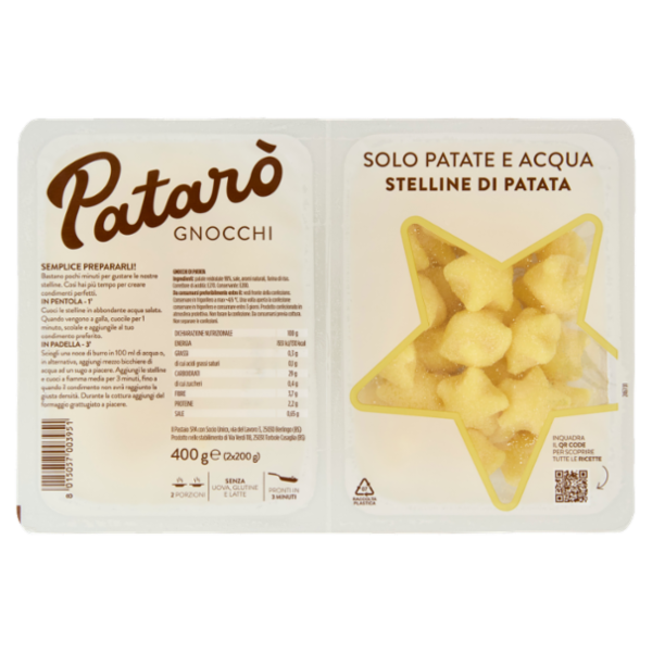 Patarò Gnocchi Solo Patate e Acqua Stelline di Patate 2 x 200 g