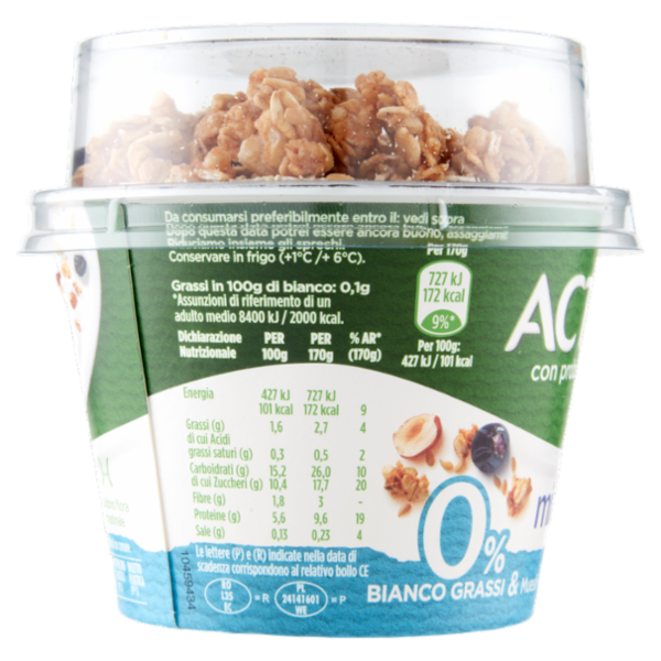 ACTIVIA Mix&Go con Probiotico Bifidus, 0% Grassi, Yogurt con Muesli, Nocciola, Mirtillo, Semi 170g