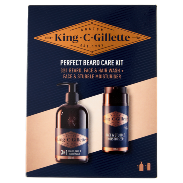 King C Gillette Perfect Beard Care Kit Detergente Barba, Viso e Capelli 350ml, Crema Idratante 100ml