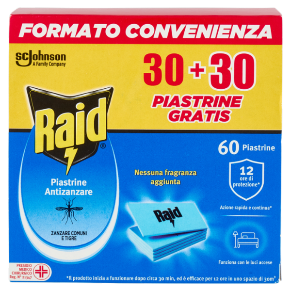 Raid Piastrine Antizanzare Comuni e Tigre, Azione prolungata, Ricarica 60 pezzi