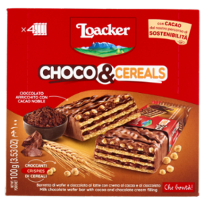 Loacker Choco & Cereals Barrette Di Wafer e Cioccolato Al Latte Con Crema Al Cioccolato 25gx4