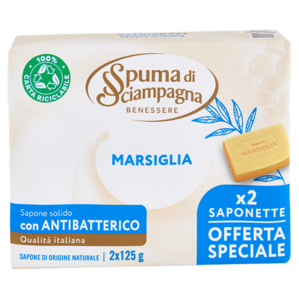 Spuma di Sciampagna Benessere Sapone solido Marsiglia 2 x 125 g
