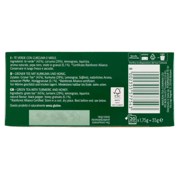 Sir Winston Tea Tè Verde Curcuma e Miele 20 x 1,75 g