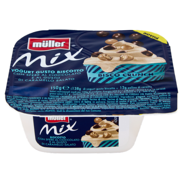 müller Mix Bisco Crunch Yogurt Gusto Biscotto con Sfere al Cioccolato e al Caramello Salato 150 g