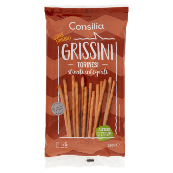 Consilia Grissini Torinesi con Olio d'Oliva Stirati Integrali in Confezioni Salvafreschezza 5x50 g