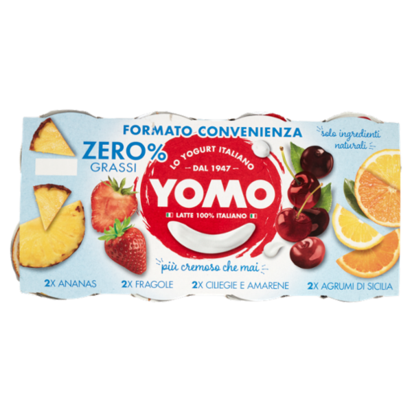 Yomo Yogurt Zero% Grassi Ananas, Fragole, Ciliegie e Amarene, Agrumi di Sicilia 8 x 125 g