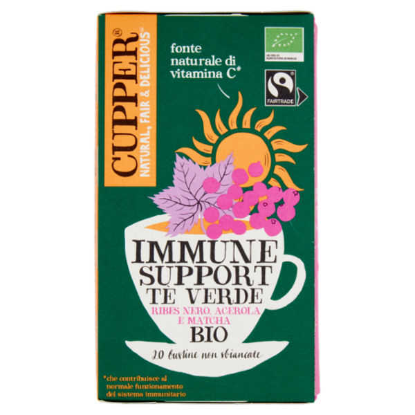 CUPPER Tè Verde Immune Support Biologico Fairtrade con Ribes Nero, Acerola e Matcha, 20 bustine 40 g