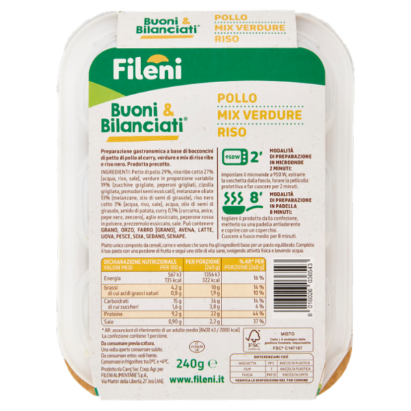 Fileni Buoni & Bilanciati Pollo al Curry, Mix di Verdure, Riso Ribe e Nero 240 g