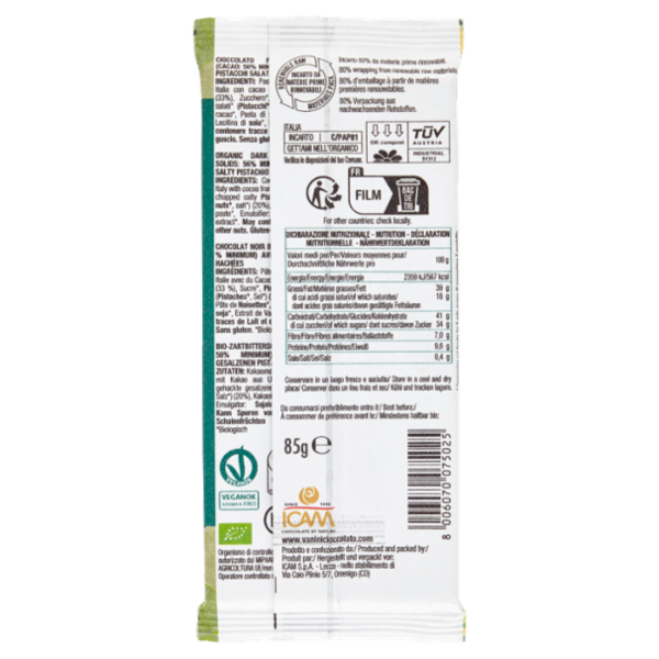 Vanini Mono Origine Uganda 56% Cioccolato Fondente Bio con Pistacchi Salati 85 g