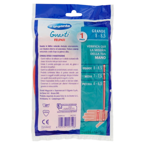 IL GIGANTE Guanti Felpati Grande 8 - 8,5 1 Paio