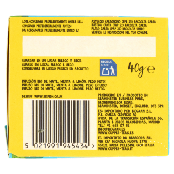 CUPPER My Slim Mate Infuso Bio di Mate Menta e Limone, 20 Bustine 40 g