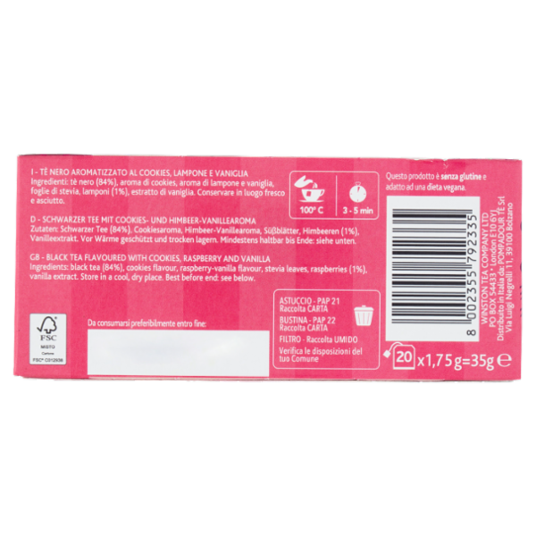 Sir Winston Tea Bridgerton Cookies Lampone e Vaniglia Tè Nero Aromatizzato 20 x 1,75 g