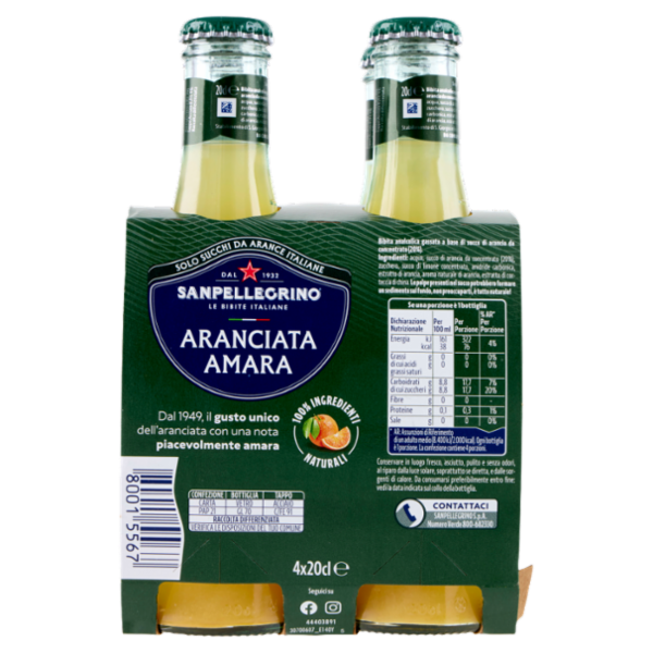BIBITE SANPELLEGRINO, Bevande Gassate, Naturali, Aranciata Amara, Vetro 4x20cl