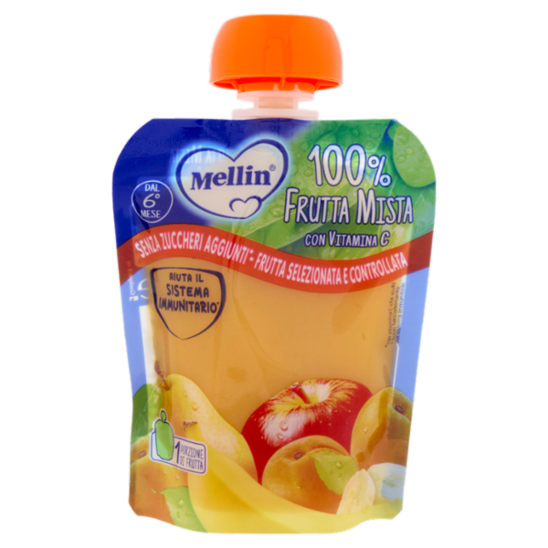 MELLIN Merenda di Frutta 100% Frutta Mista con Mela, Pera, Banana Albicocca, dal 6° mese, Pouch 90 g